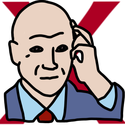 Charles Xavier from X-Men, shown as a pale, older man in a with alopecia universalis in a suit and touching his forehead. there is a big red X behind him .